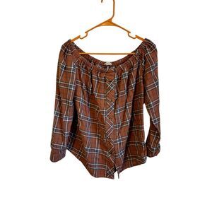 Hem & Thread Brown‎ Plaid Swoop Neck long sleeve blouse